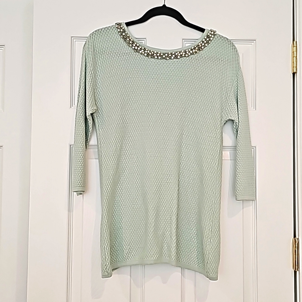 Hinge (Nordstrom) Woman's Lightweight Sweater Rhinestone Neck in Mintgreen,Small